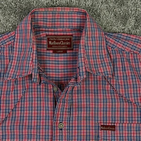 MARLBORO CLASSICS Shirt Mens L 100% Cotton Red Blue Plaid Button Up Short Sleeve - Picture 3 of 7